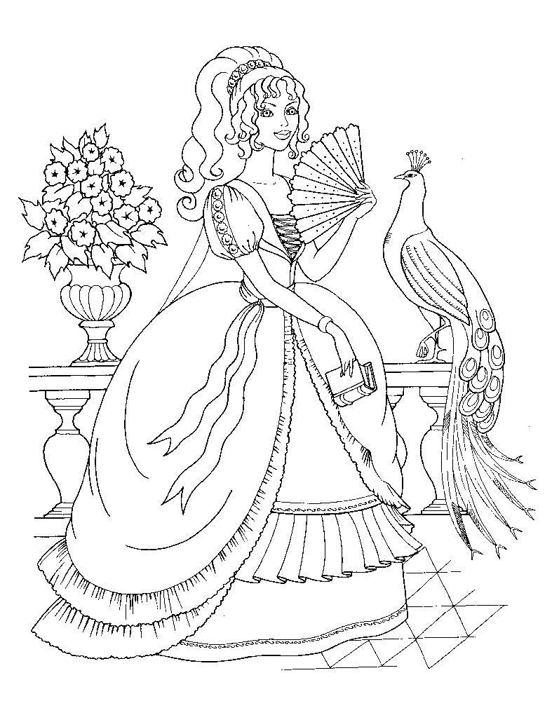 Название: Раскраска Принцесса на балконе с птицей. Категория: принцесса. Теги: принцессы, птица.