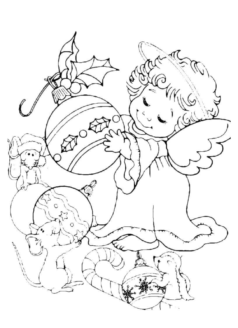 Розмальовки  Ангел з новорічними іграшками. Завантажити розмальовку ангел, іграшки.  Роздрукувати ,ангели ,