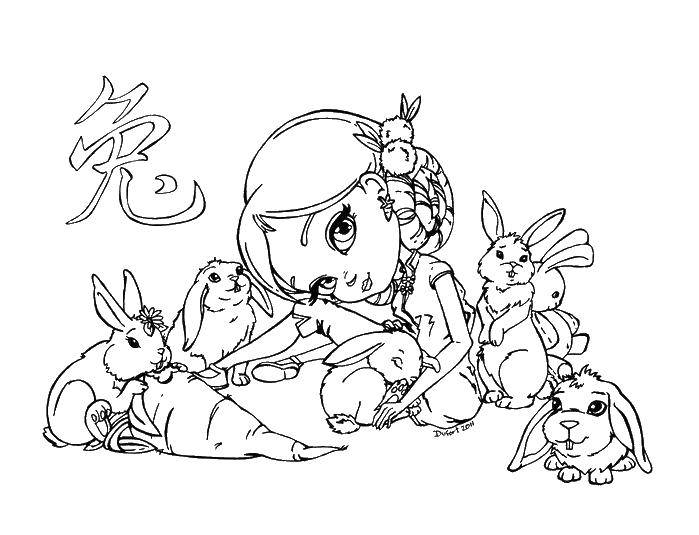 Розмальовки  Дівчинка і кролики. Завантажити розмальовку дівчата, кролики.  Роздрукувати ,розмальовки,