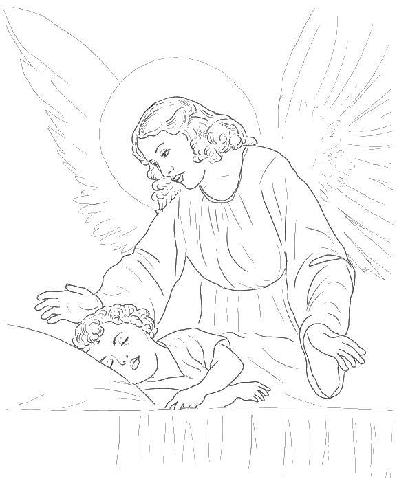 Название: Раскраска Ангел хранитель. Категория: религия. Теги: ангел хранитель, мальчик спящий.