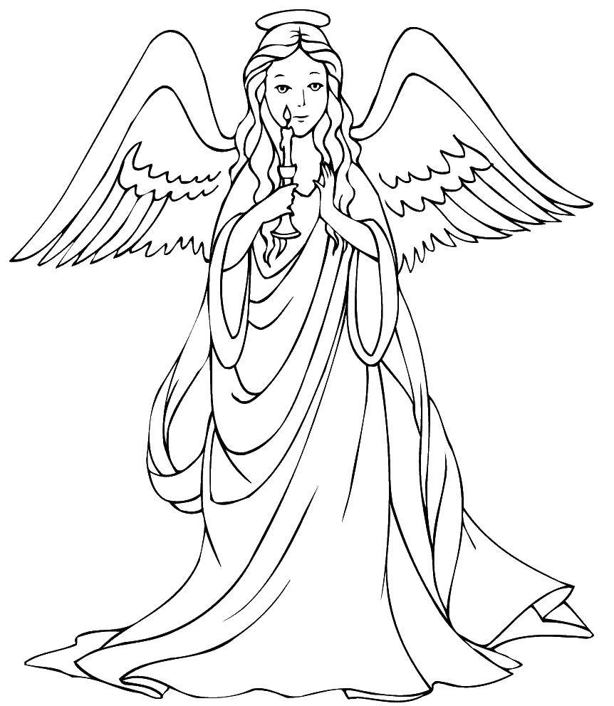 Название: Раскраска Ангел со свечкой. Категория: ангел хранитель. Теги: ангел, свечи.