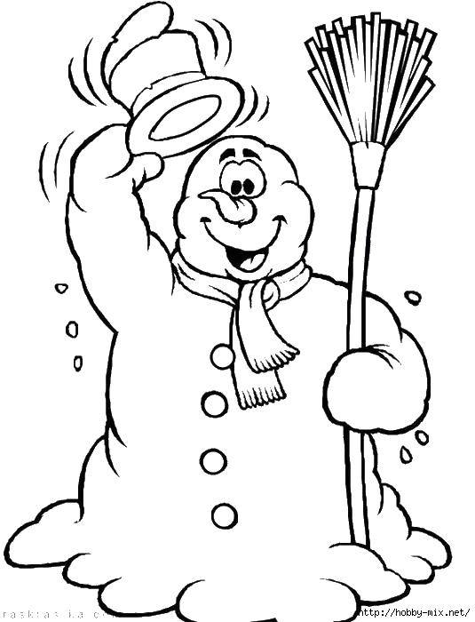 Coloring Snowman. Category snowman. Tags:  snowman, hat, broom.