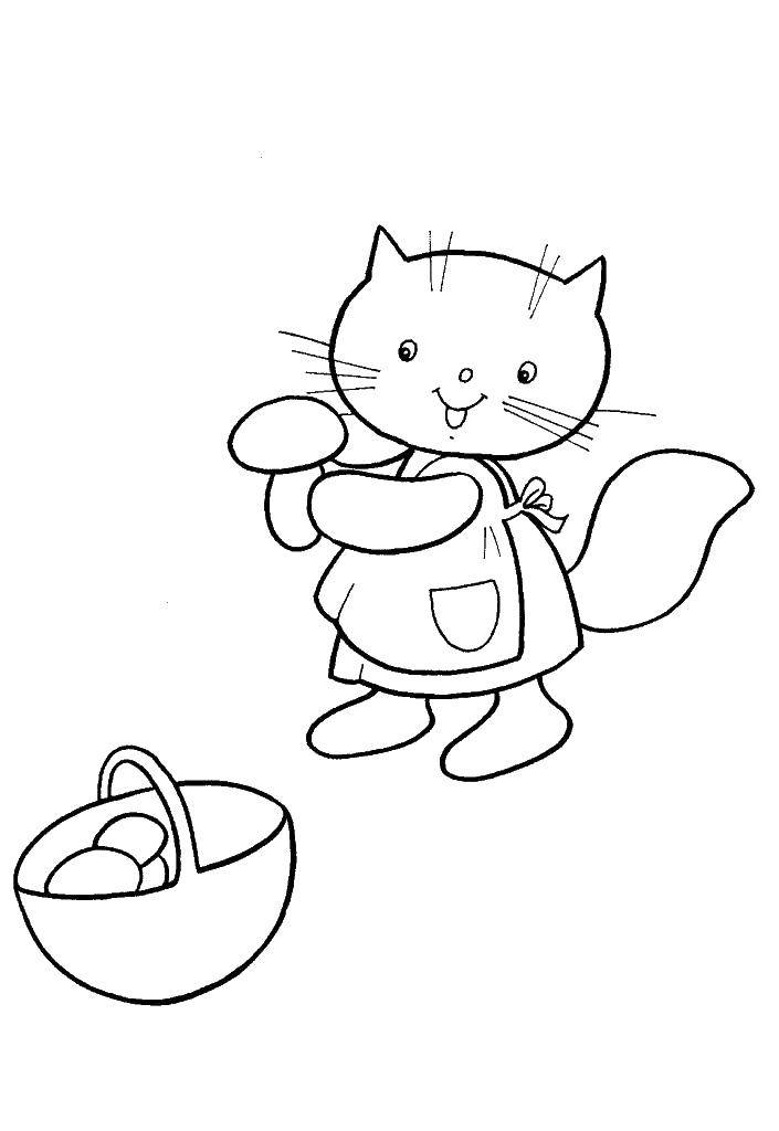 Название: Раскраска Кошечка собирает грибы. Категория: Животные. Теги: кошка, кот.