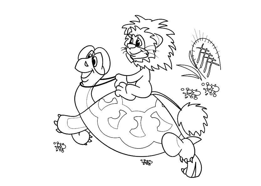 Coloring Big turtle and the lion. Category cartoons. Tags:  turtle, lions.