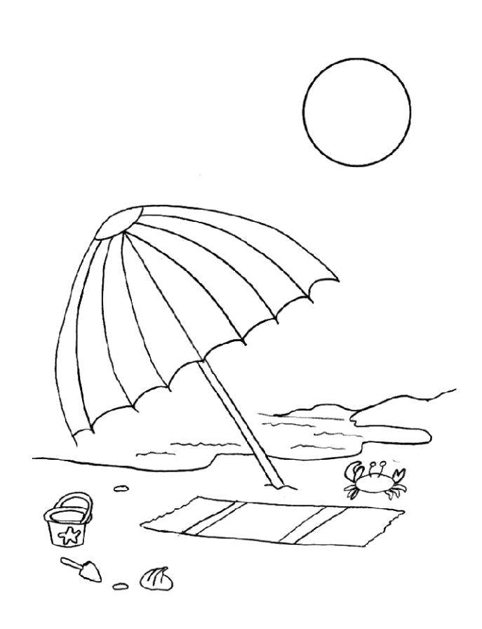 Название: Раскраска Зонт на пляже. Категория: Пляж. Теги: Пляж, песок, игры, зонт, отдых.