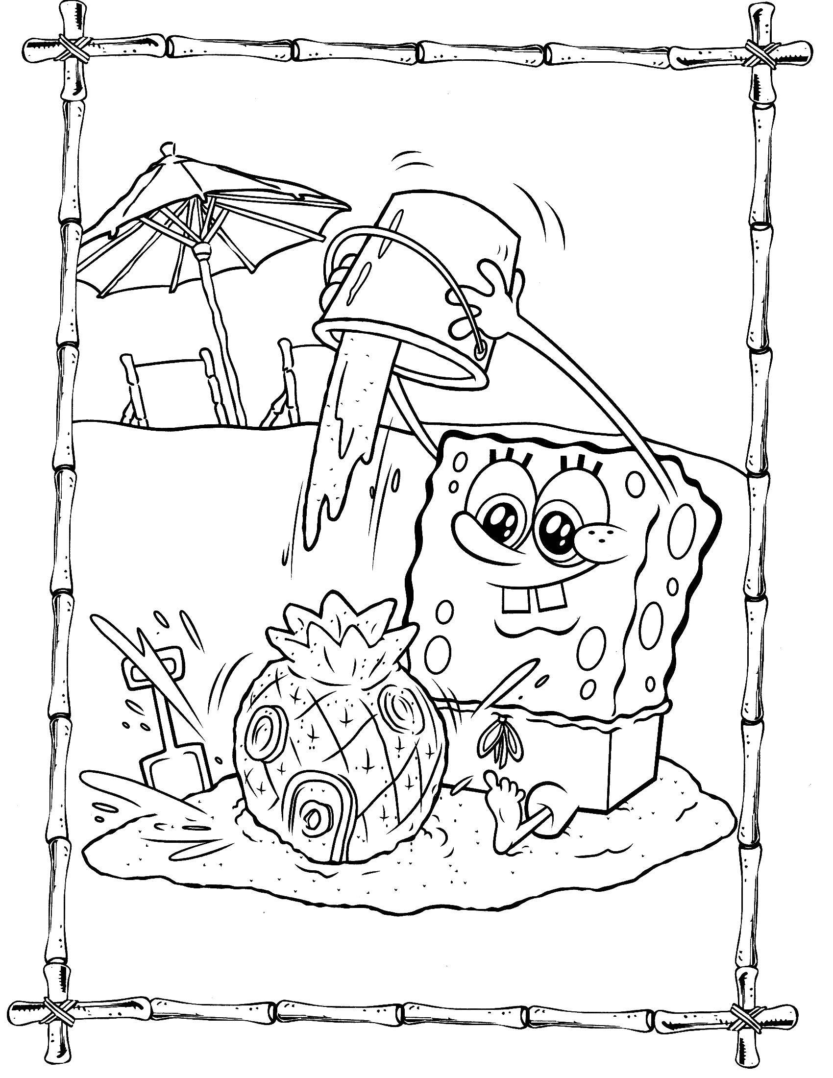 Раскраска Губка боб строит песчаный замок Скачать ,Персонаж из мультфильма, Спанч Боб, Губка Боб,.  Распечатать 