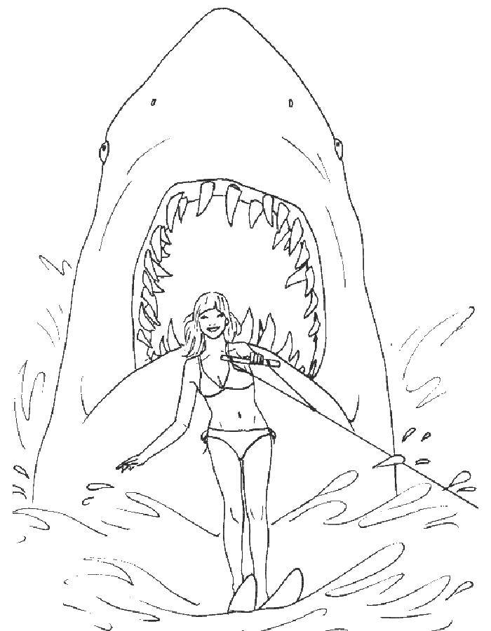 Название: Раскраска Барби убегает от акулы. Категория: Барби. Теги: барби, акула.