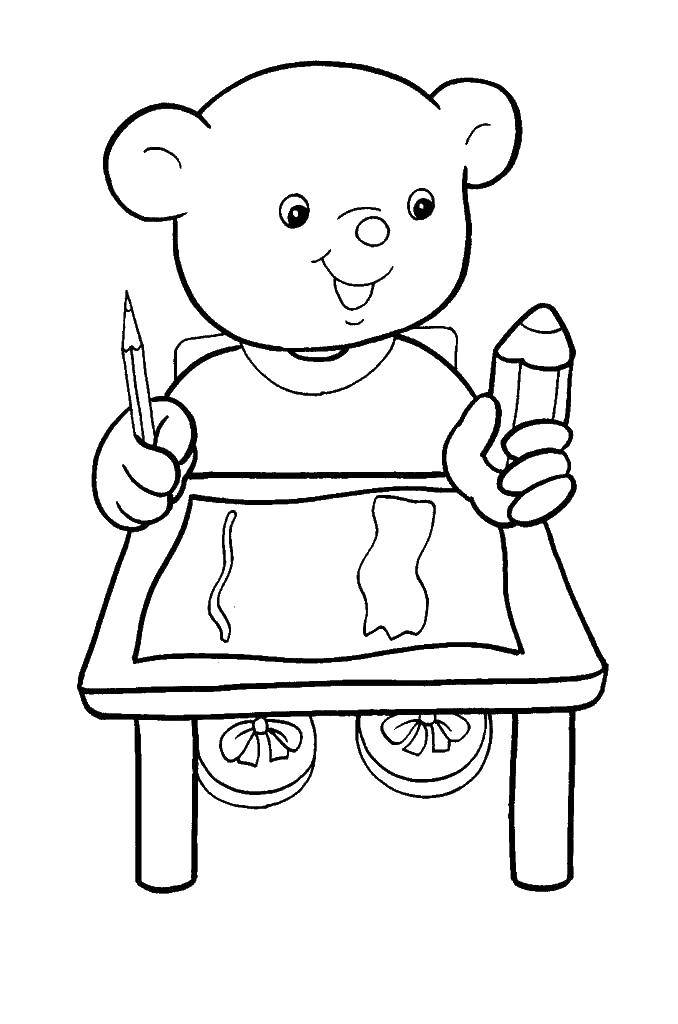 Название: Раскраска Мишка за столом с карандашами. Категория: игрушки. Теги: мишка, карандаши.