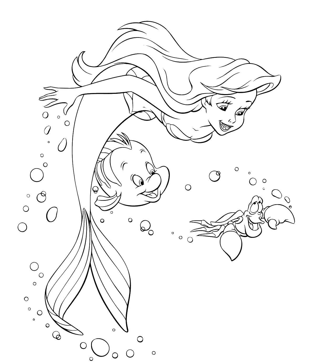 Coloring The little mermaid Ariel and flounder. Category Disney cartoons. Tags:  Disney, the little mermaid, Ariel.