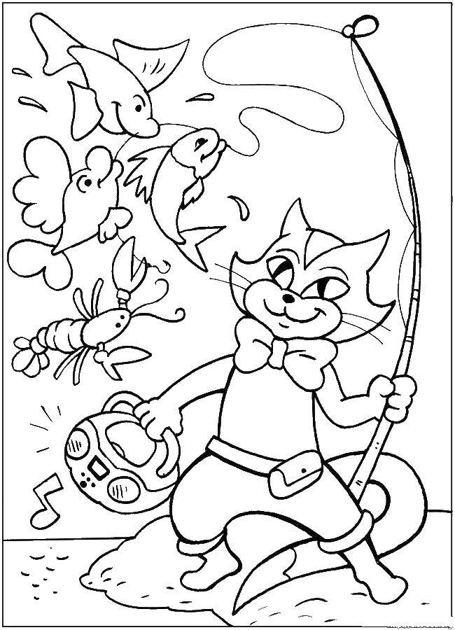 Coloring Fish catches fish. Category Fairy tales. Tags:  fish, cat.