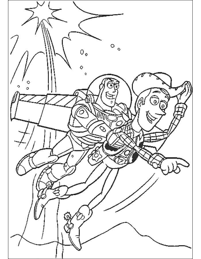 Coloring Woody and buzz Lightyear are flying. Category cartoons. Tags:  Woody, toys.