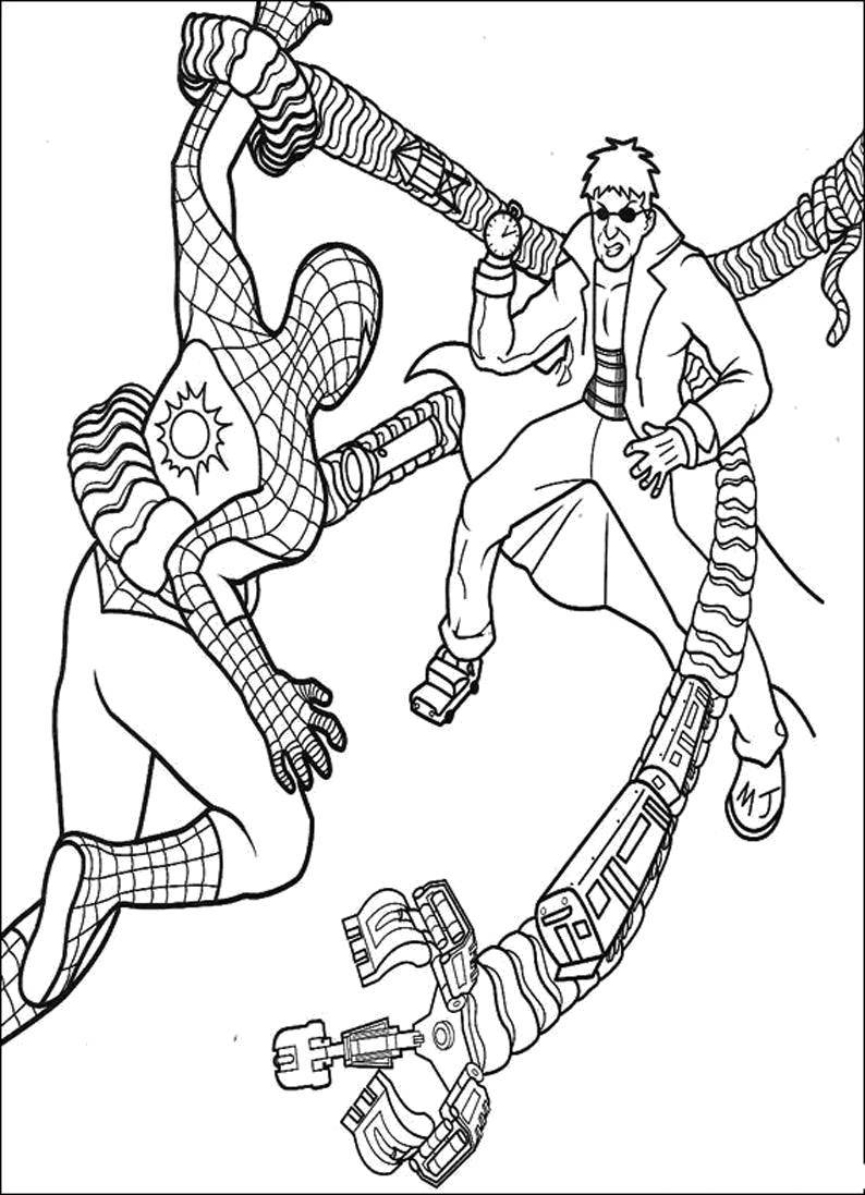 Розмальовки  Бійка доктора восьминога з людиною павуком. Завантажити розмальовку Комікси, Спайдермэн, Людина Павук.  Роздрукувати ,людина павук,