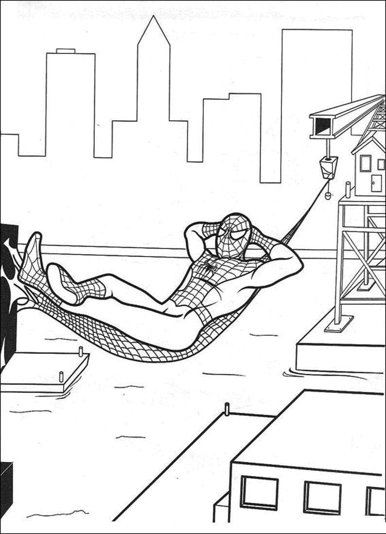 Название: Раскраска Человек паук отдыхает в гамаке. Категория: человек паук. Теги: человек паук, супергерои.