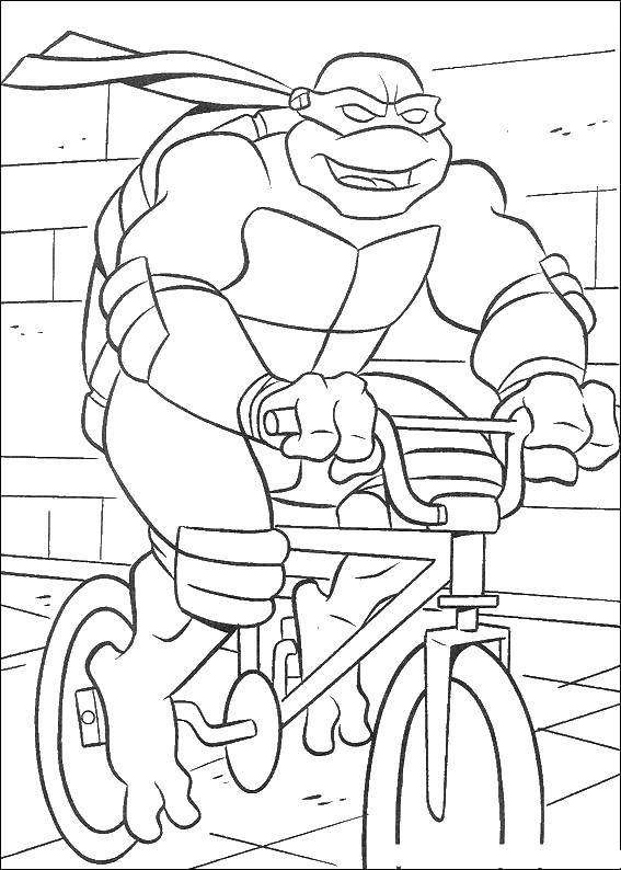 Название: Раскраска Рафаэль катается на велосипеде. Категория: черепашки ниндзя. Теги: черепашки ниндзя, Рафаель.