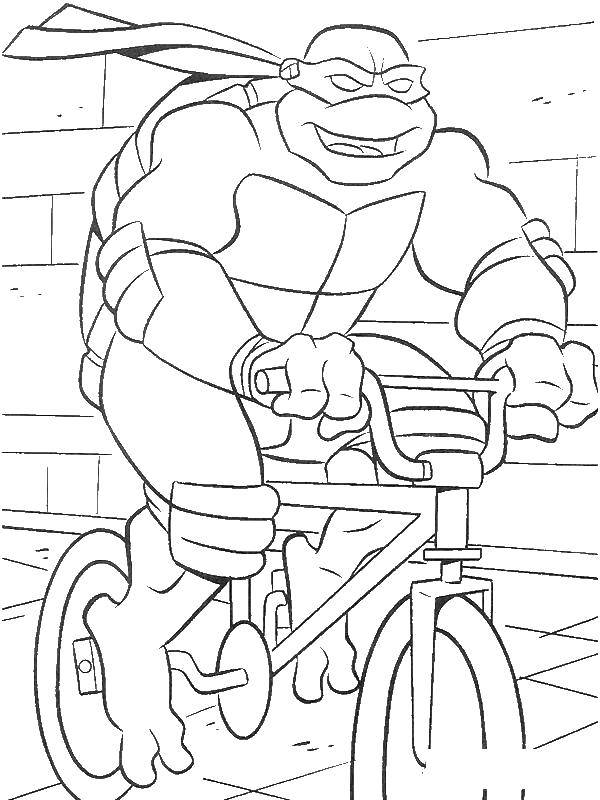 Название: Раскраска Черепашка ниндзя на велосипеде. Категория: черепашки ниндзя. Теги: Комиксы, Черепашки Ниндзя.