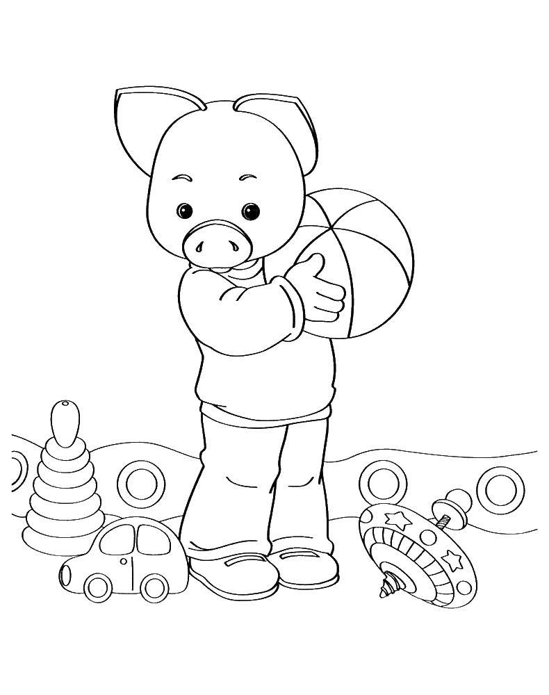 Coloring Piggy is playing with a ball. Category cartoons. Tags:  piggy ball.