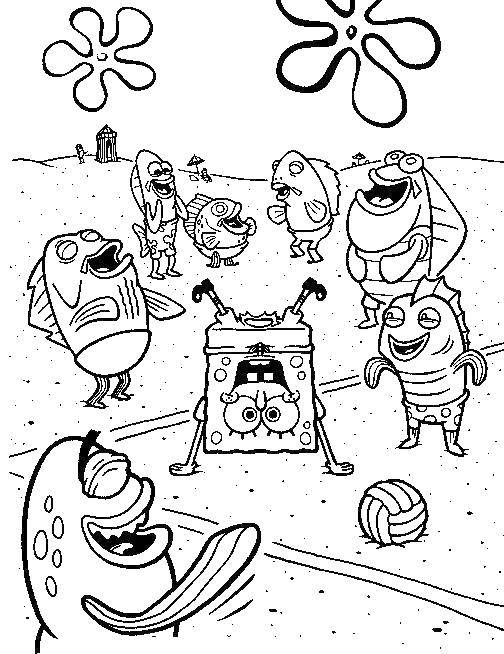 Coloring Spongebob at beach playing ball. Category spongebob. Tags:  spongebob, Patrick.