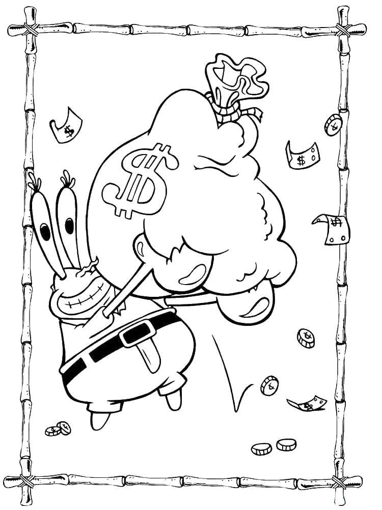 Название: Раскраска Мистер крабс с деньгами. Категория: спанч боб. Теги: спанч боб, патрик, Мистер Крабс.