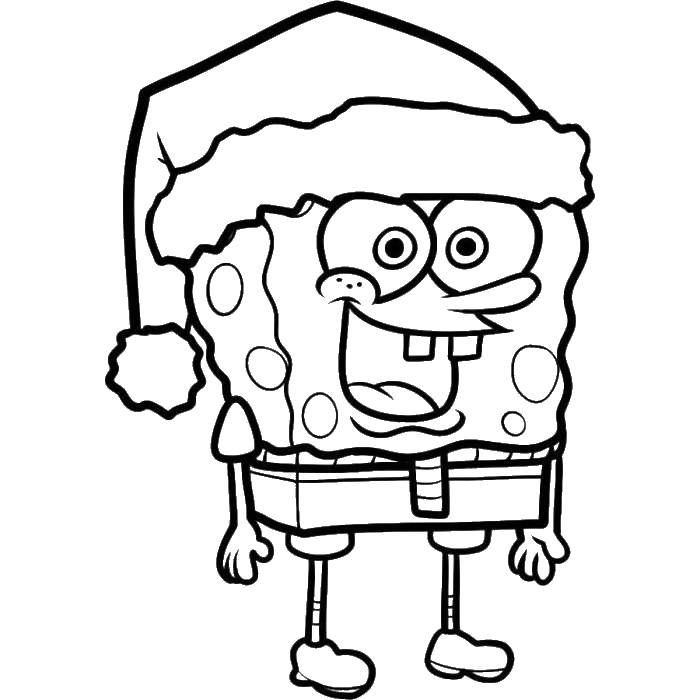 Название: Раскраска Спанч боб и новый год. Категория: Персонаж из мультфильма. Теги: спанч боб, новогодняя шапка.