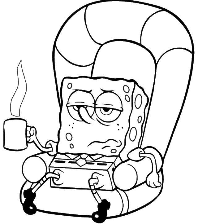 Coloring Spongebob in chair with Cup of tea. Category spongebob. Tags:  the spongebob, Patrick.