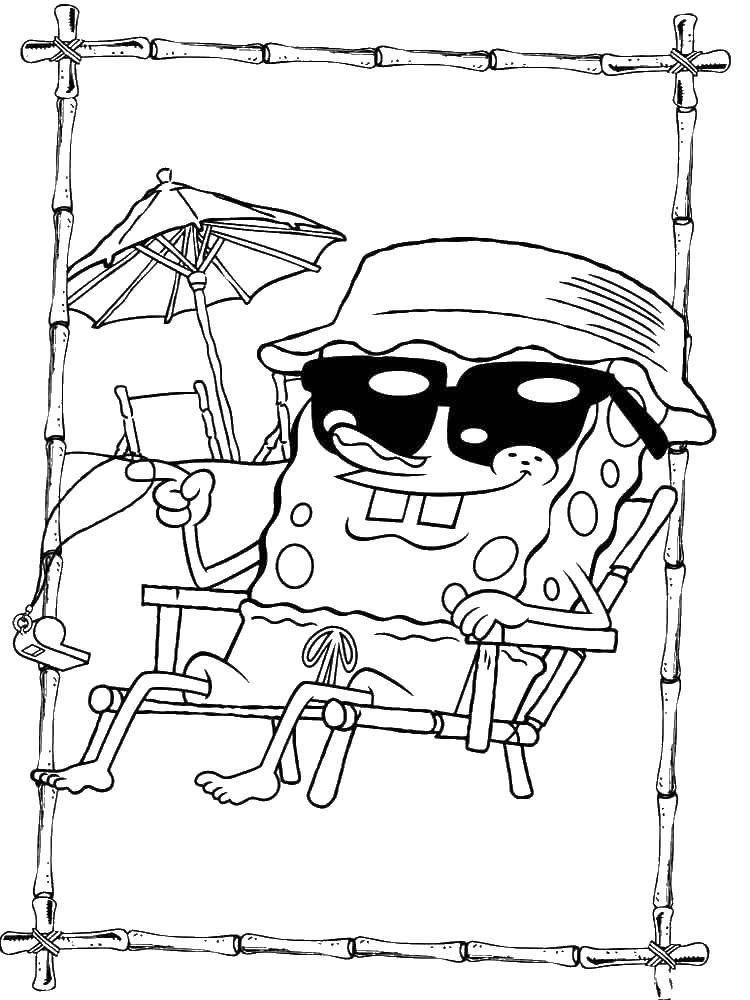 Coloring Spongebob tans. Category Cartoon character. Tags:  the spongebob, glasses, hat, sun lounger.