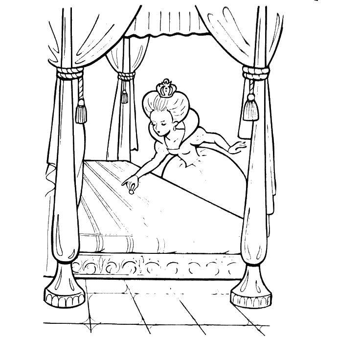 Название: Раскраска Королева положила горошек в кровать принцессы. Категория: принцесса на горошине. Теги: принцесса, горошек.