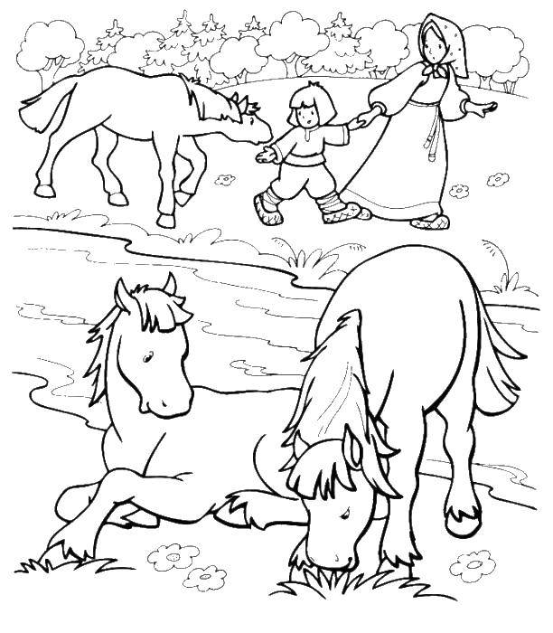Coloring Sister Alyonushka and brother Ivanushka and horses. Category The characters from fairy tales. Tags:  sister Alenushka, brother Ivanushka, horse.
