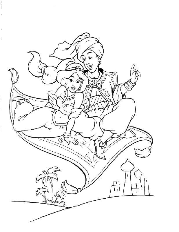 Coloring Aladdin and Jasmine flying on the carpet plane. Category Disney cartoons. Tags:  Aladdin , Jean.