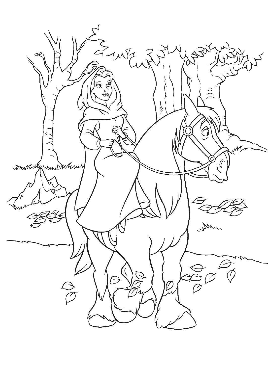 Название: Раскраска Бэлль на коне. Категория: красавица и чудовище. Теги: Красавица и Чудовище, Дисней.