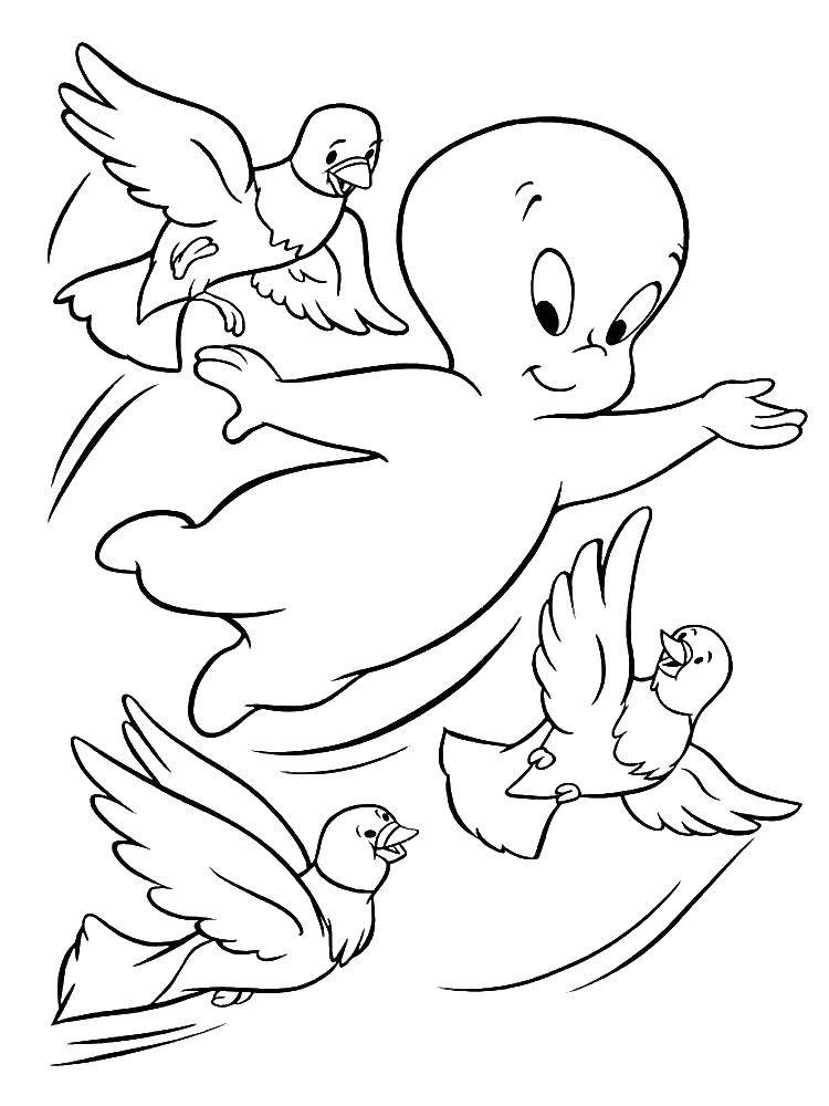 Coloring Casper and birds. Category Ghost . Tags:  Casper, a Ghost.