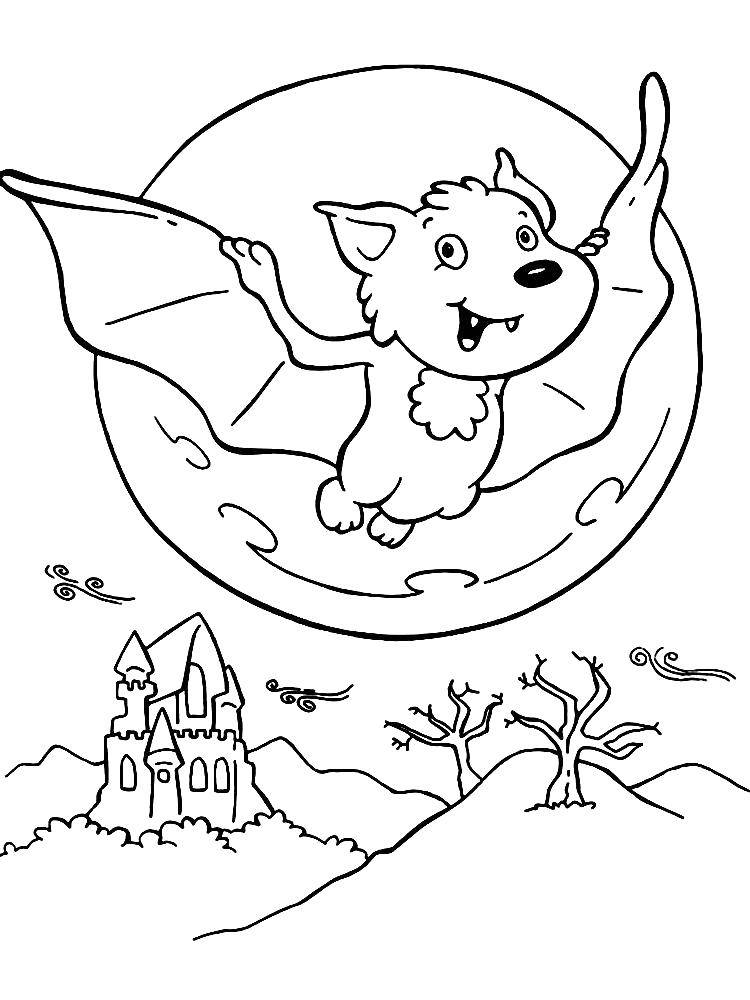 Название: Раскраска Летучая мышь летает при луне. Категория: тыква на хэллоуин. Теги: Хэллоуин, летучая мышь.