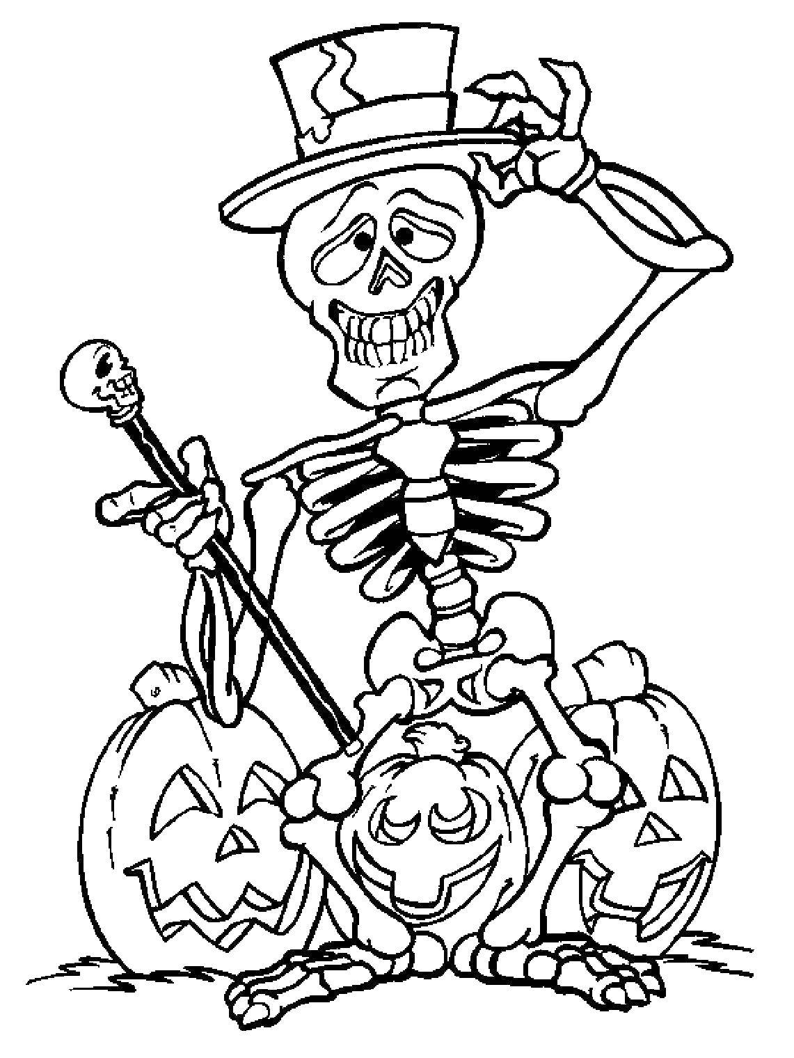 Название: Раскраска Скелетик в цилиндре и тыквы. Категория: тыква на хэллоуин. Теги: Хэллоуин, тыква, скелет.