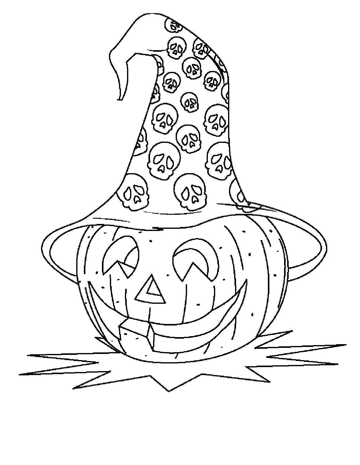 Название: Раскраска Тыква в шляпе ведьмы. Категория: тыква на хэллоуин. Теги: Хэллоуин, тыква.