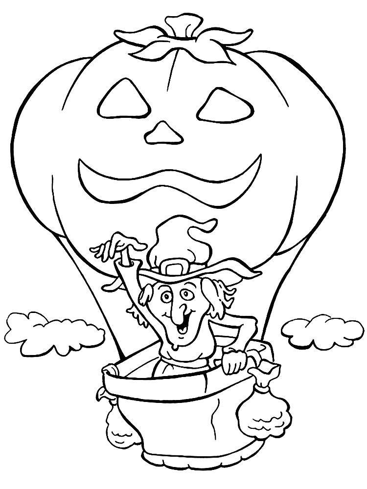Coloring A witch in a balloon pumpkin. Category pumpkin Halloween. Tags:  Halloween, pumpkin, witch.
