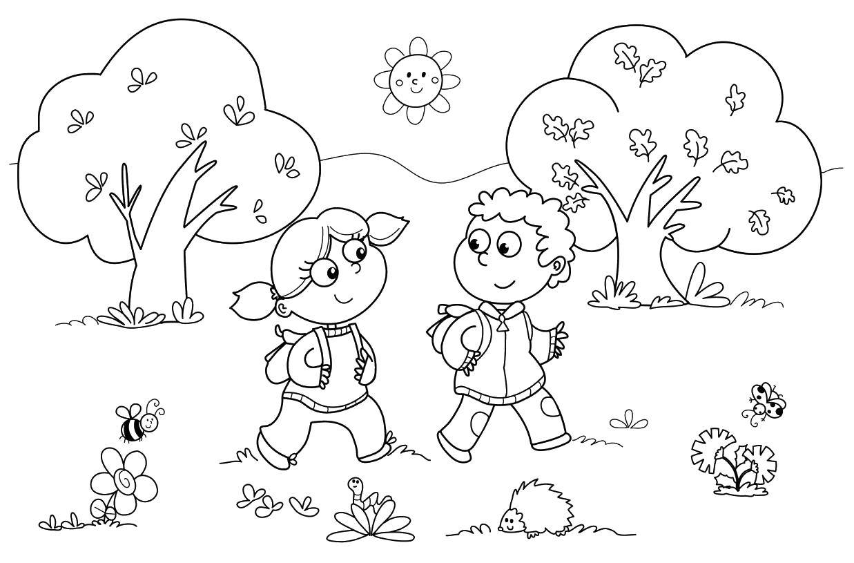 Название: Раскраска Дети гуляют на природе. Категория: дети. Теги: Дети, игра, природа.