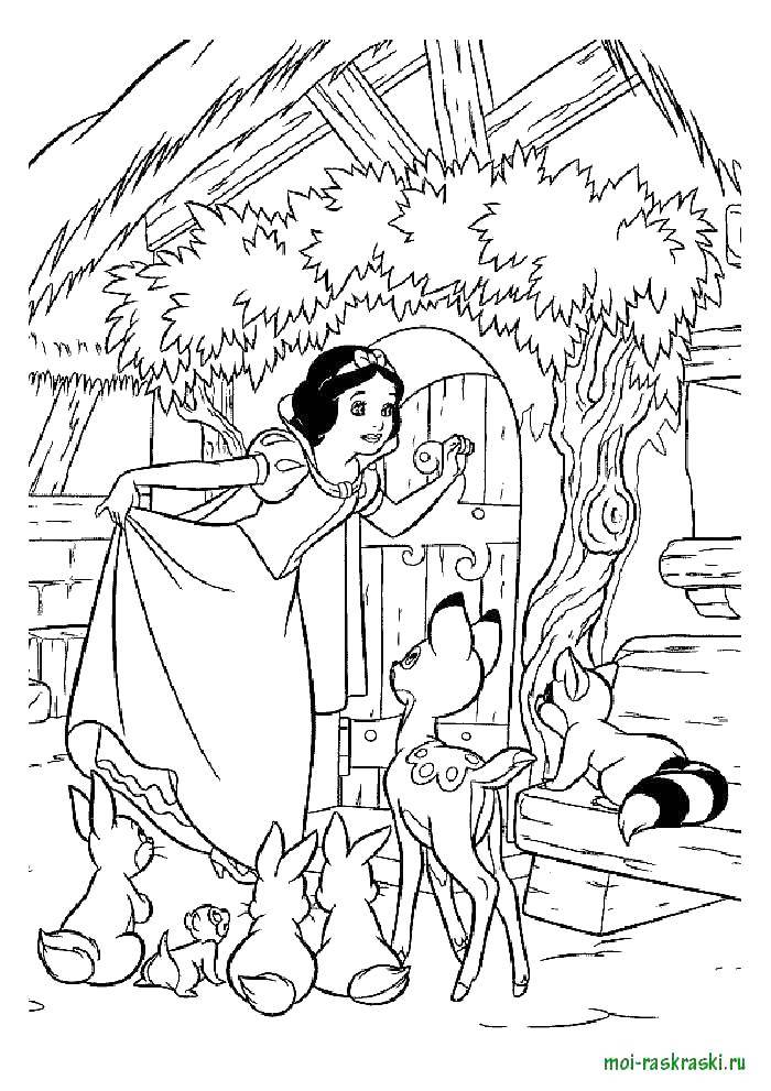 Coloring Snow white with animals. Category Fairy tales. Tags:  Snow white.