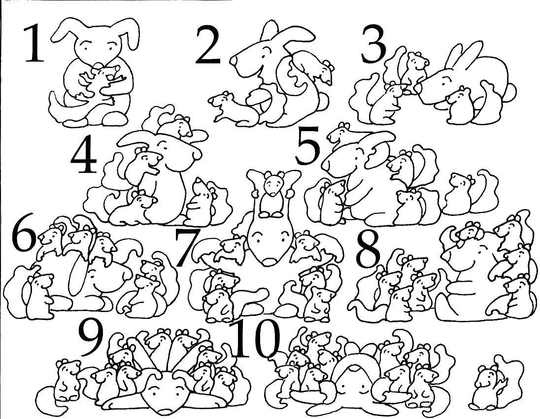 Coloring Mothers with cubs. Category Learn to count. Tags:  Numbers, counting.