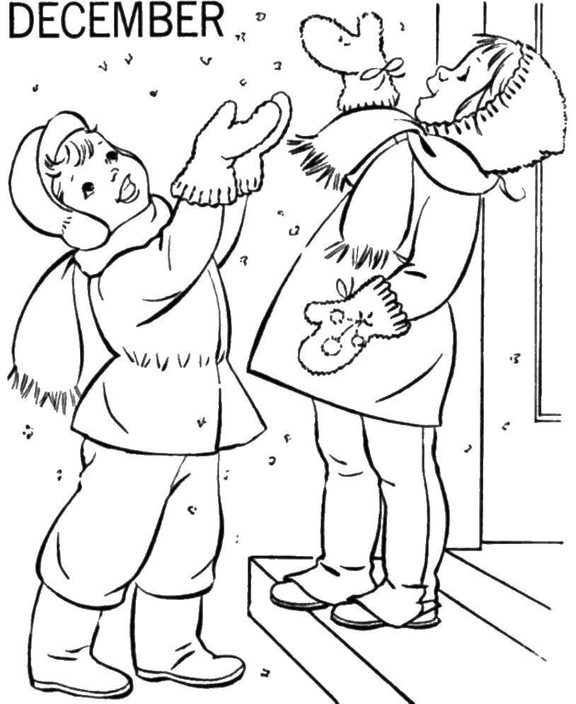 Название: Раскраска Дети ловят снежинки. Категория: Люди. Теги: снег, дети.