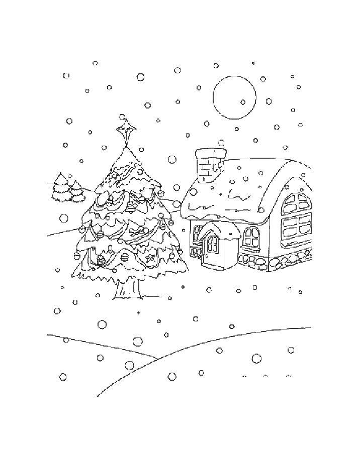 Название: Раскраска Нарядная елка у дома. Категория: снег. Теги: елка, дом.