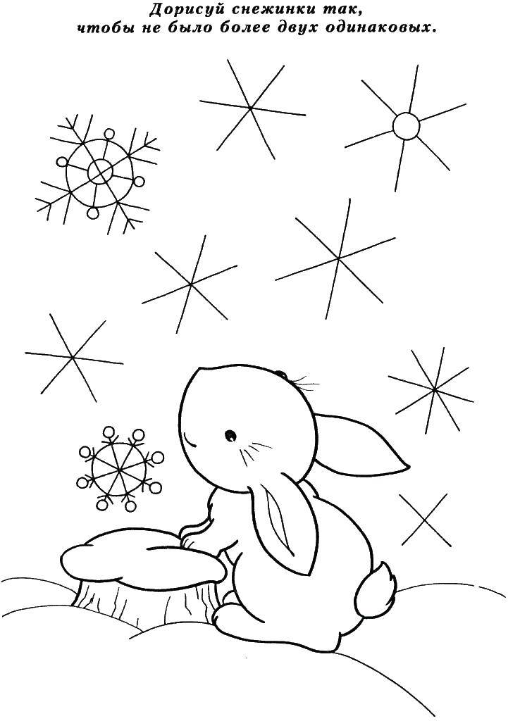 Название: Раскраска Зайчик смотрит на снежинки. Категория: Животные. Теги: заяц, кролик.