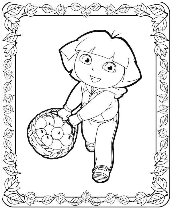 Coloring Dasha with apples. Category Cartoon character. Tags:  Cartoon character, Dora the Explorer, Dora, Boots.