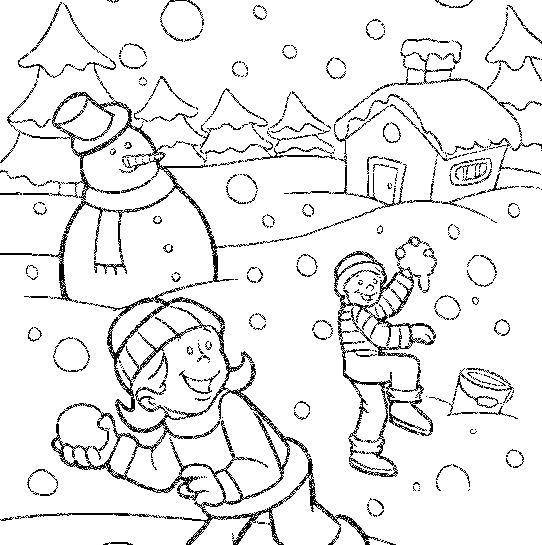 Название: Раскраска Дети играют в снежки. Категория: Люди. Теги: , снежинки, дети, .