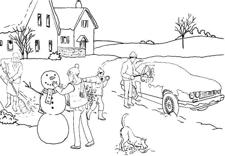 Название: Раскраска Дети лепят снеговика. Категория: Люди. Теги: снег, дети.