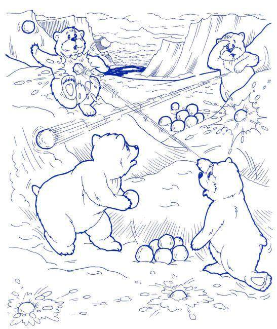 Название: Раскраска Мишки играют в снежки. Категория: Животные. Теги: снег, медведи.