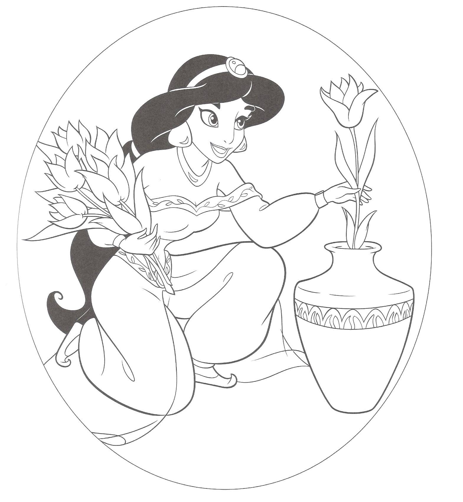 Coloring Beautiful Jasmine. Category Disney coloring pages. Tags:  Disney, Aladdin, Jasmine.
