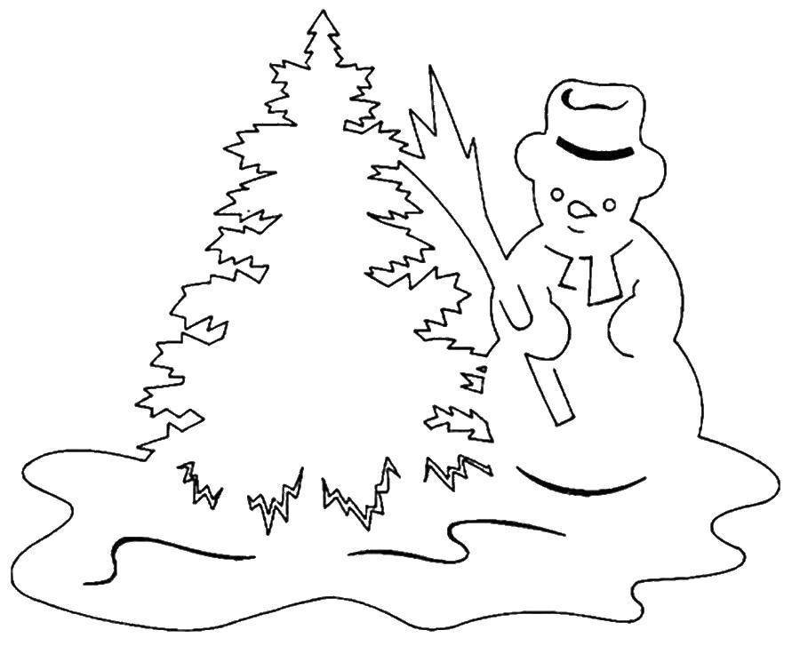 Название: Раскраска Снеговик у елки. Категория: снег. Теги: снеговик.