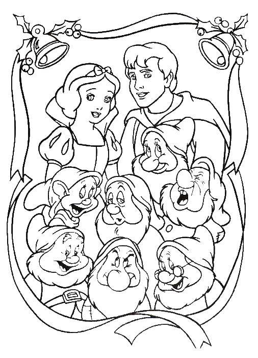 Coloring Snow white with Prince and the 7 dwarfs. Category Disney coloring pages. Tags:  Disney, Snow white, 7 dwarfs.
