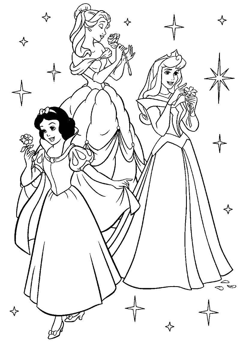 Coloring Sleeping beauty, Belle and snow white. Category Disney coloring pages. Tags:  Disney, Sleeping beauty, Belle, Snow white.