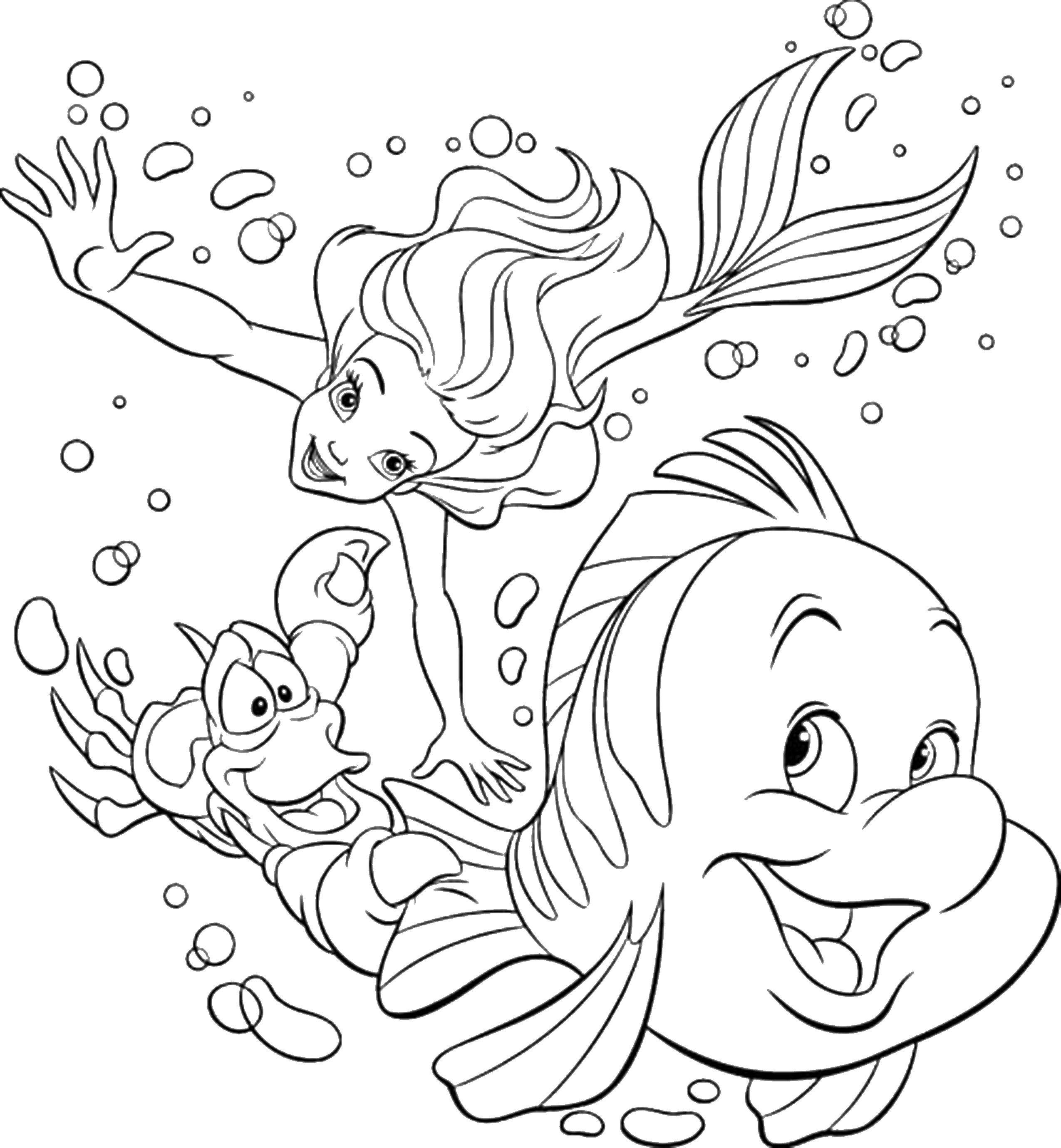 Coloring Ariel having fun with friends. Category Disney coloring pages. Tags:  Disney, the little mermaid, Ariel.
