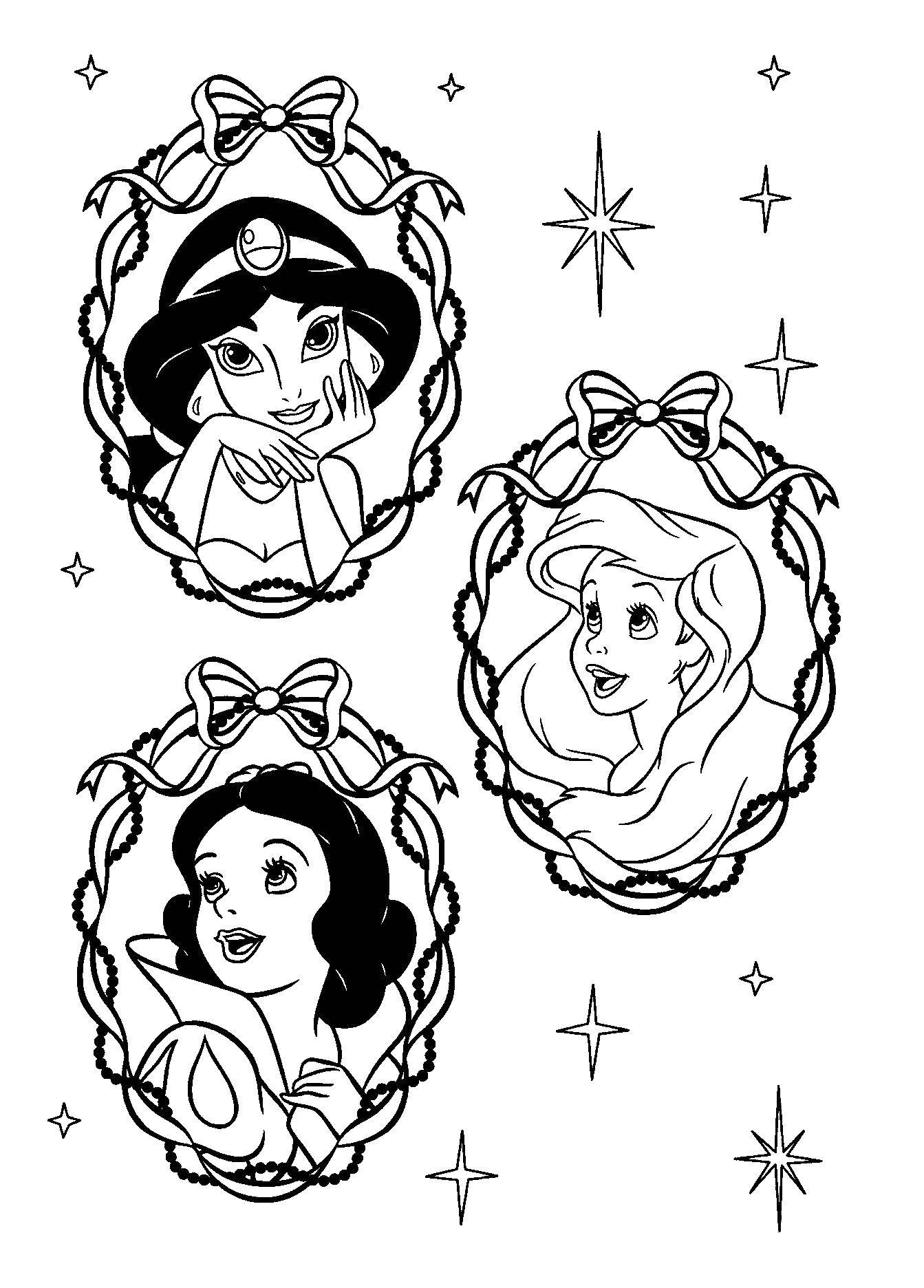 Coloring Ariel, Jasmine and snow white. Category Disney coloring pages. Tags:  Disney.